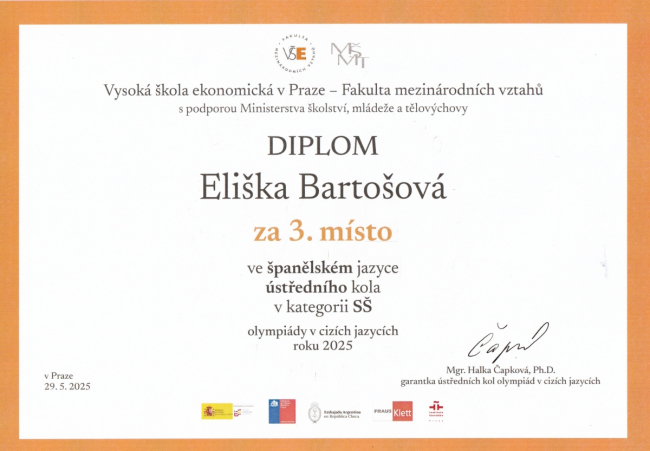 29. května 2025 - Velký úspěch v olympiádě ve španělském jazyce